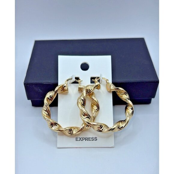 Express Jewelry - Express Twisted Gold Tone 2" Funky Flashy Hoop Loop Earrings Classy MSRP $24